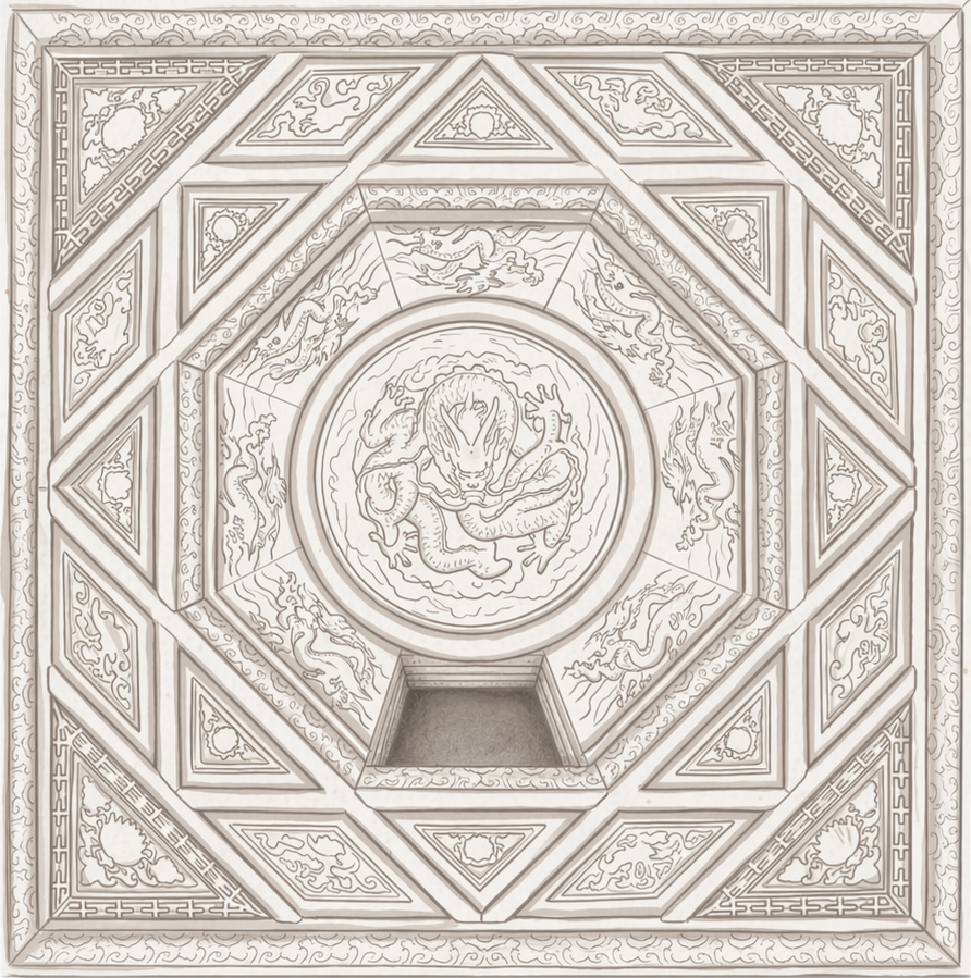 Coffered ceiling with a missing fragment